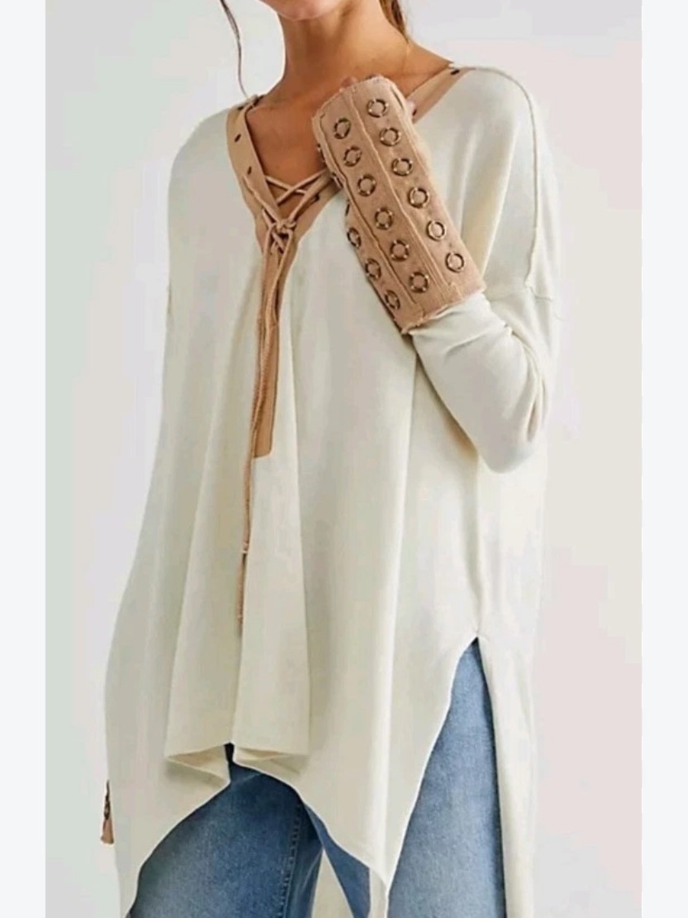 ·Free People· White Brown Oversized Long Sleeve Lace Up Shirt Size Medium